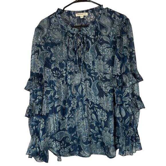 Frye & Co Blue Floral Ruffle Long Sleeve Dressy Button Down Blouse Women Sz XXL - Picture 1 of 10